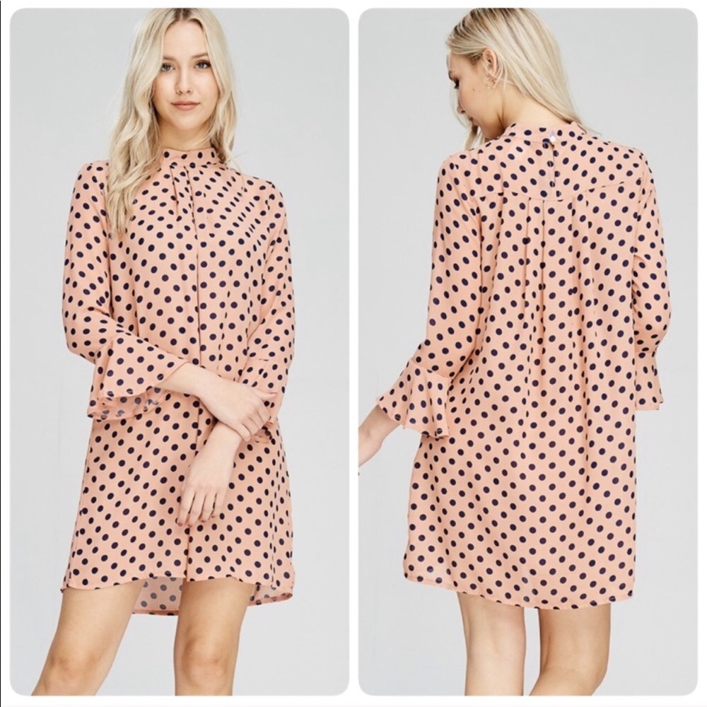 NEW! Pale Pink & Navy Polka Trumpet Sleeve Dress